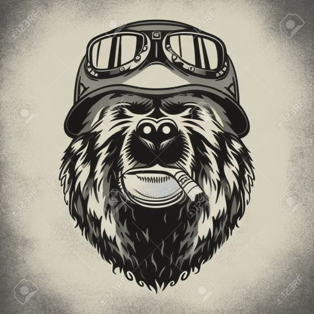 Vintage monochrome motorrijder beer hoofd roken sigaar en het dragen van motorfiets helm en bril geïsoleerde vector illustratie