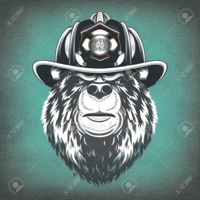 Vintage monochromatyczna koncepcja gaśnicza z poważną głową niedźwiedzia w hełmie strażaka na białym tle ilustracji wektorowych