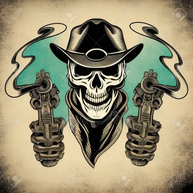 Vintage cowboy skull in neck bandana with skeleton hands holding guns isolated vector illustration