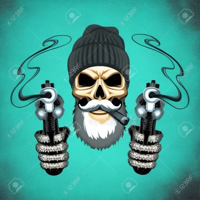 Bearded and mustached gangster skull in beanie hat smoking cigar and skeleton hands holding pistols isolated vector illustration