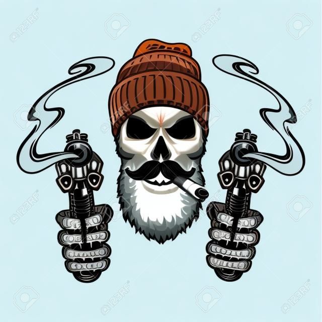 Caveira de gângster barbado e bigode em chapéu de gorro fumando charuto e esqueleto mãos segurando pistolas ilustração vetorial isolada