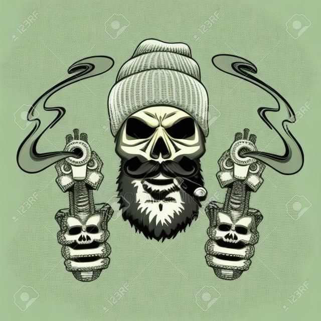 Bearded and mustached gangster skull in beanie hat smoking cigar and skeleton hands holding pistols isolated vector illustration