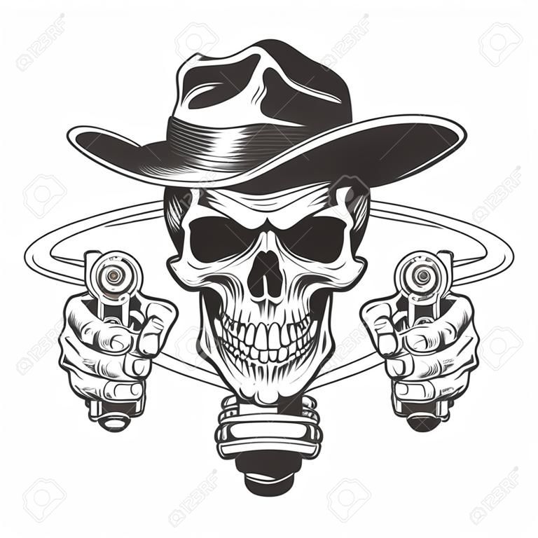 Il sigaro di fumo del cranio del gangster monocromatico vintage con le mani dello scheletro che tengono le pistole ha isolato l'illustrazione vettoriale