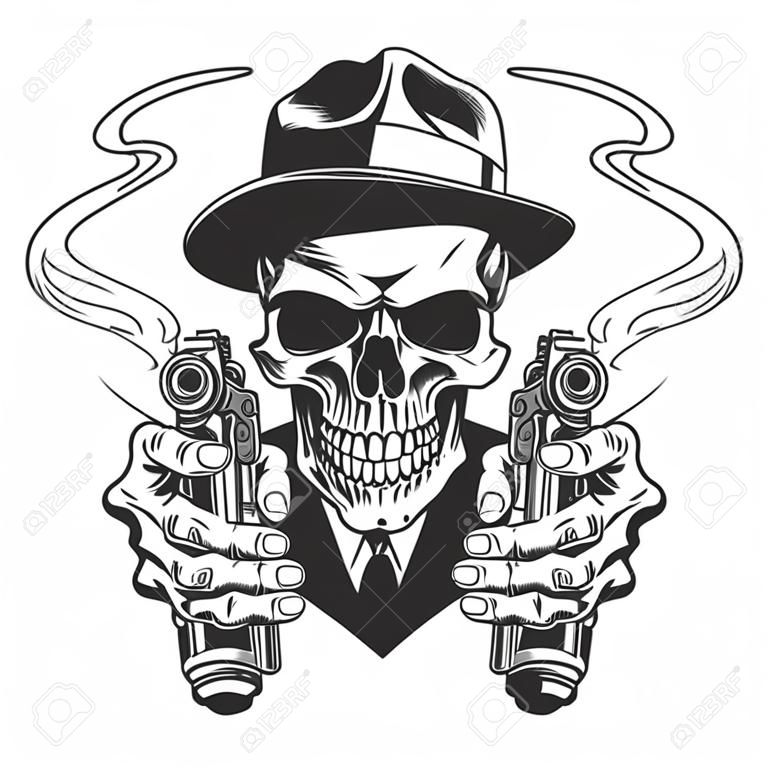 Cráneo de gángster monocromo vintage fumando cigarro con manos esqueléticas sosteniendo pistolas ilustración vectorial aislada