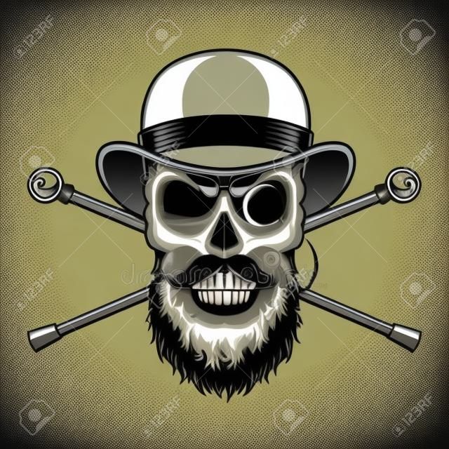 Cráneo de caballero barbudo y bigotudo con anteojos sin montura y bastones cruzados ilustraciones vectoriales aisladas