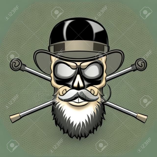 Bearded and mustached gentleman skull with rimless eyeglasses and crossed walking canes isolated vector illustration