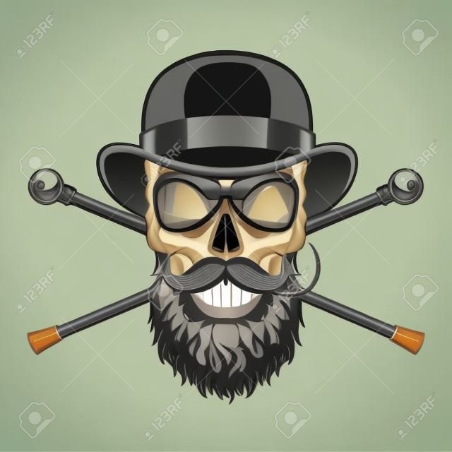 Caveira de cavalheiro barbado e bigode com óculos sem aro e canos de caminhada cruzada ilustração vetorial isolada