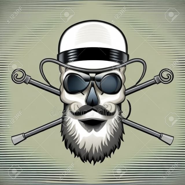 Bearded and mustached gentleman skull with rimless eyeglasses and crossed walking canes isolated vector illustration