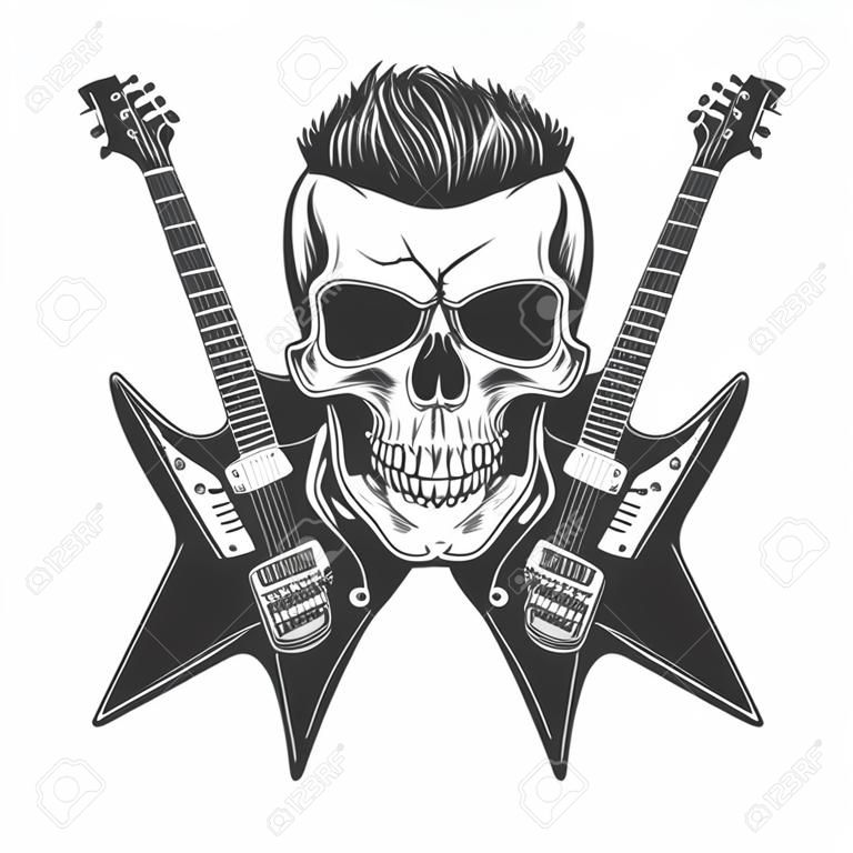 Rockstar skull with trendy hairstyle and crossed electric guitars in vintage monochrome style isolated vector illustration