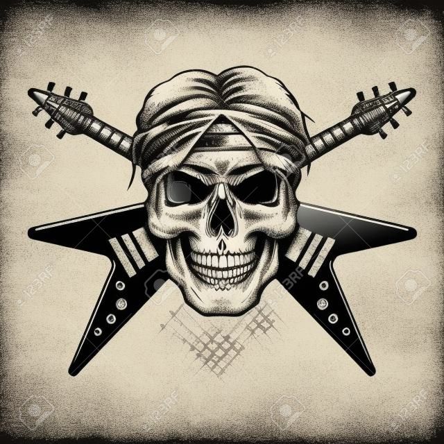 Vintage monochrome rock musician skull with crossed electric guitars isolated vector illustration