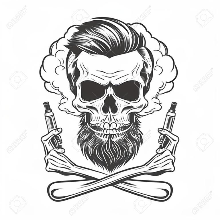 Baard en snor hipster schedel in rookwolk met gekruiste skelet handen houden vaporizers in vintage monochrome stijl geïsoleerde vector illustratie