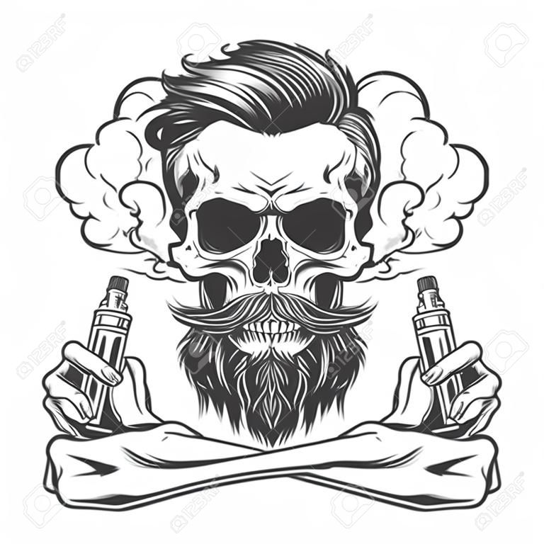 Baard en snor hipster schedel in rookwolk met gekruiste skelet handen houden vaporizers in vintage monochrome stijl geïsoleerde vector illustratie