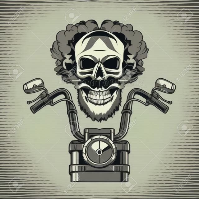 Bearded and mustached biker skull in bandana with motorcycle front view in vintage monochrome style isolated vector illustration
