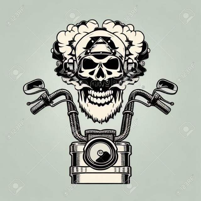 ヴィンテージモノクロスタイルの孤立したベクトルイラストでオートバイのフロントビューを持つバンダナでひげを生やし、かばんひげのバイカーの頭蓋骨