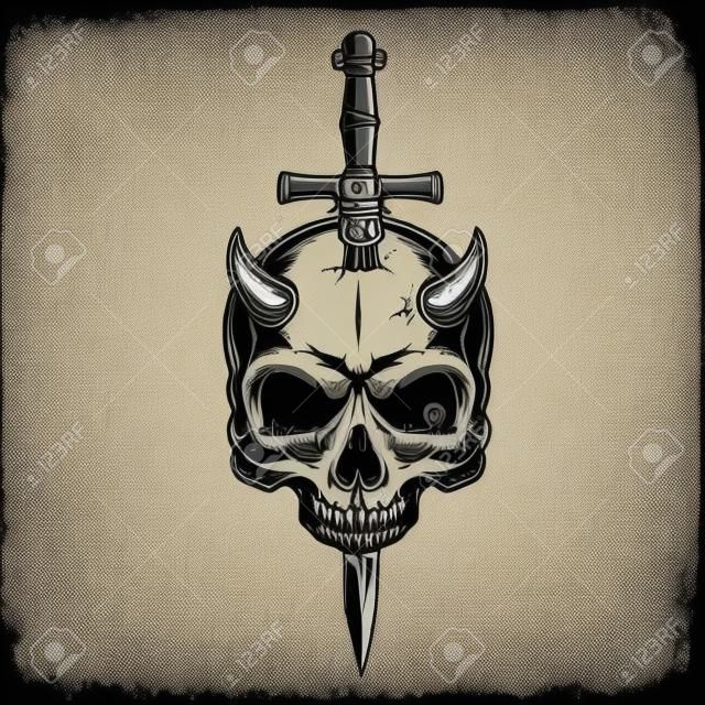 Demon skull pierced with knife in vintage monochrome style isolated vector illustration