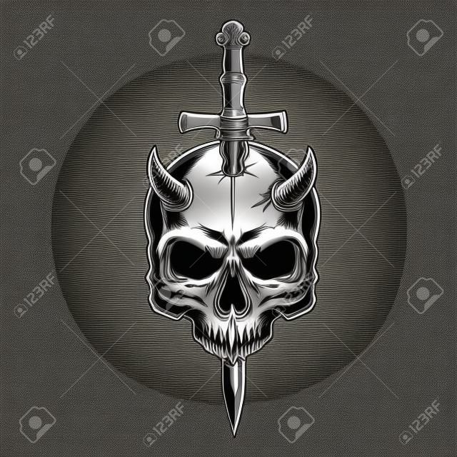 Demon skull pierced with knife in vintage monochrome style isolated vector illustration