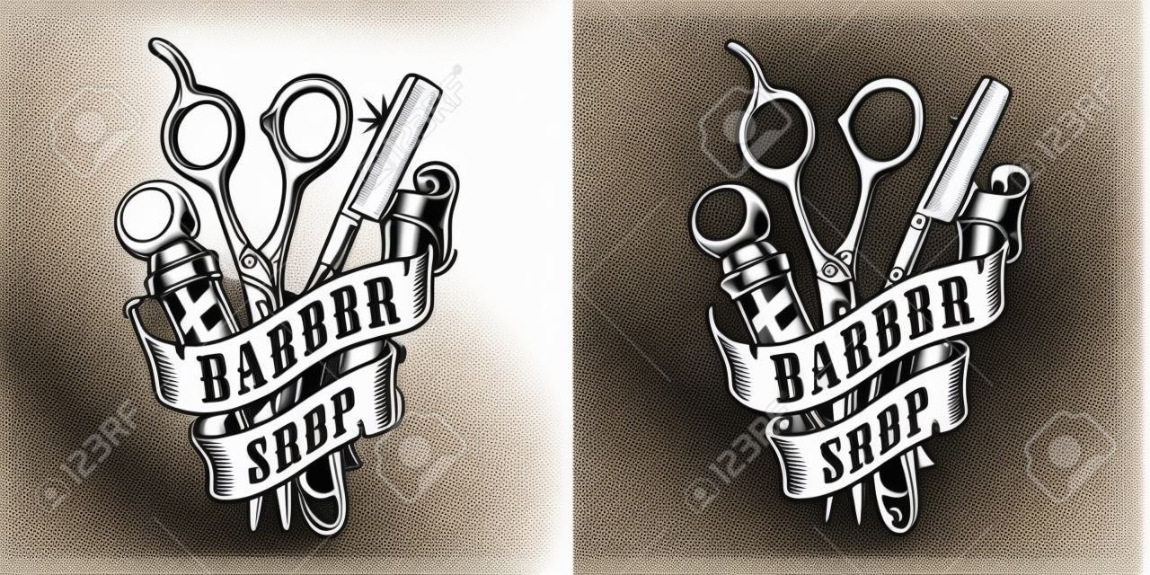 Étiquette de barbier vintage avec des ciseaux de poteau de barbier et un rasoir droit en illustration vectorielle isolée de style monochrome
