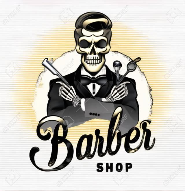 Vintage barbershop with gentleman skeleton in tuxedo holding razor and scissors isolated vector illustration