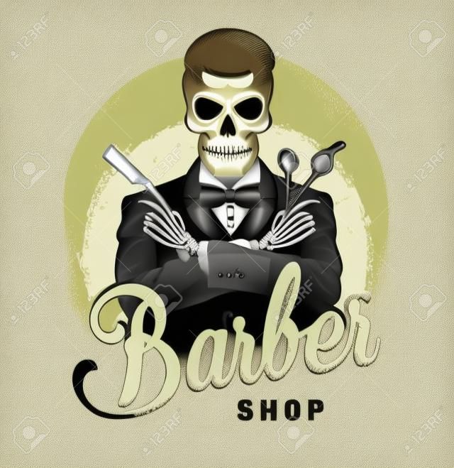 Vintage Barbershop mit Gentleman-Skelett im Smoking mit Rasiermesser und Schere isolierte Vektorillustration