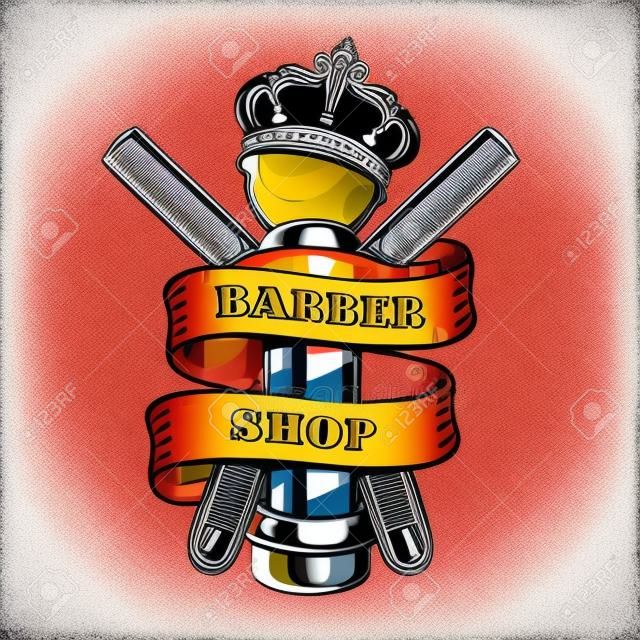 Vintage barbershop colorful with straight razors and crown on barber pole isolated vector illustration