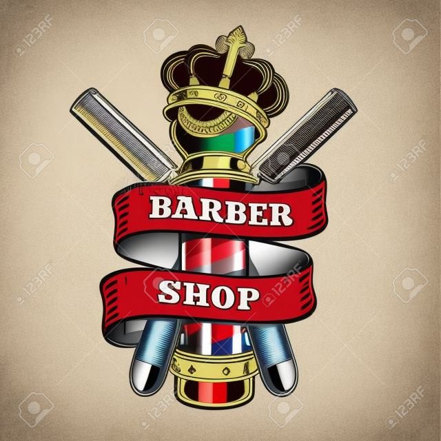 Barbería vintage colorida con navajas de afeitar rectas y corona en poste de peluquero aislado ilustración vectorial