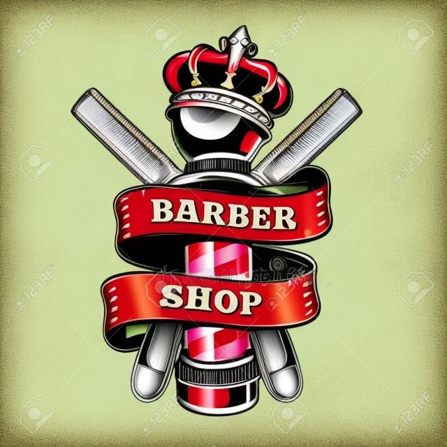 Vintage barbershop colorful with straight razors and crown on barber pole isolated vector illustration
