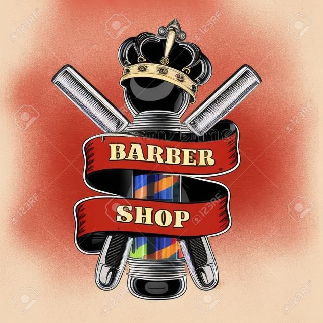 Salon de coiffure vintage coloré avec des rasoirs droits et une couronne sur l'illustration vectorielle isolée du poteau de coiffeur
