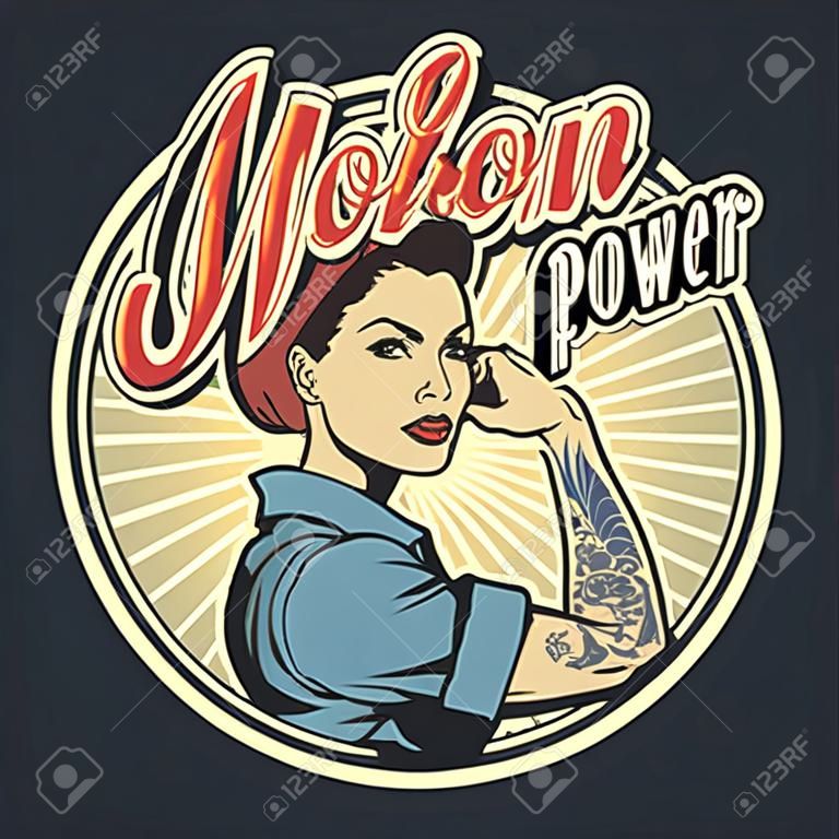 Vintage kolorowa odznaka moc kobiety z piękną silną dziewczyną w mundurze z tatuażem na ramieniu na białym tle ilustracji wektorowych