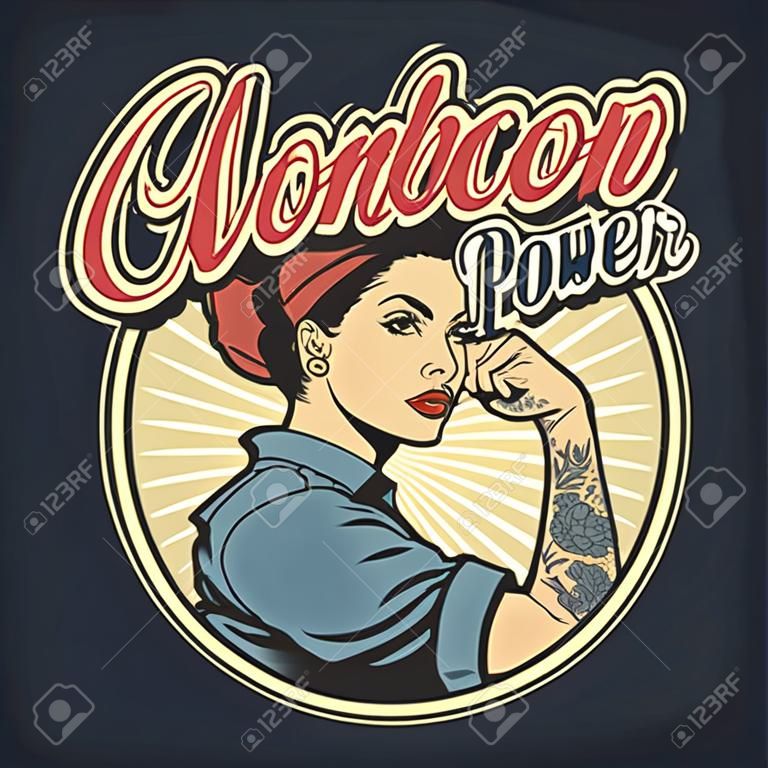 Vintage colorful woman power badge with beautiful strong girl in uniform with tattoo on arm isolated vector illustration
