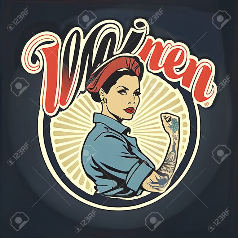Vintage buntes Frauen-Power-Abzeichen mit schönem, starkem Mädchen in Uniform mit Tattoo am Arm isolierte Vektorillustration