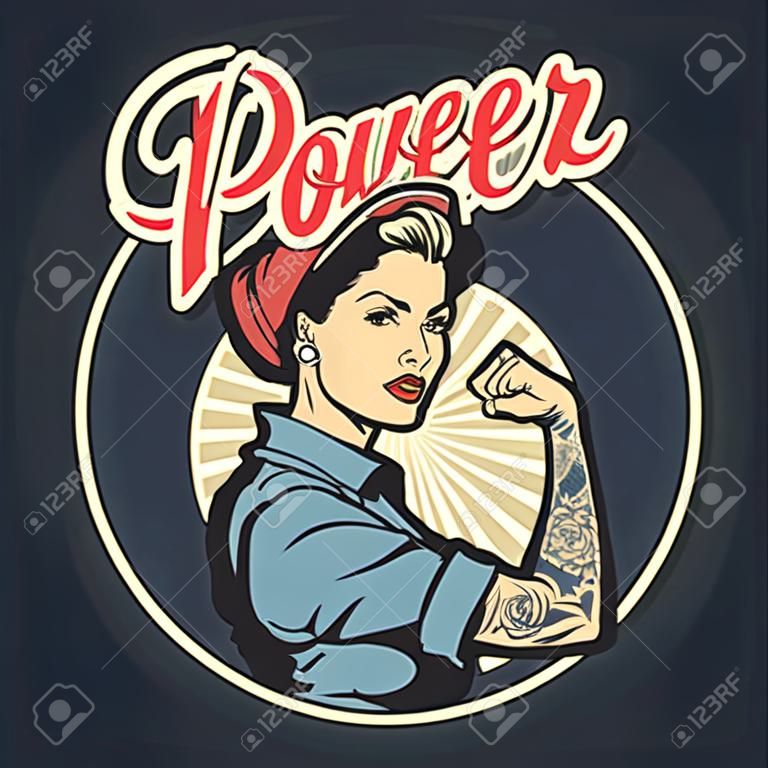 Emblema colorido vintage do poder da mulher com a menina forte bonita no uniforme com tatuagem no braço isolado ilustração vetorial