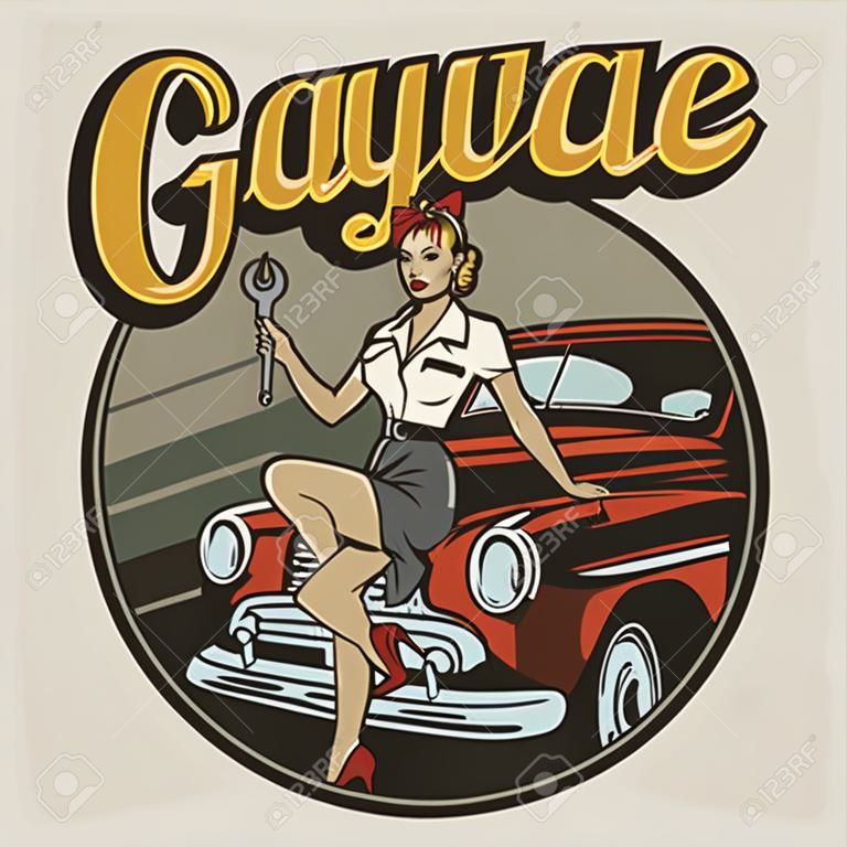 Vintage car repair service label with pin up woman holding wrench and standing near automobile isolated vector illustration
