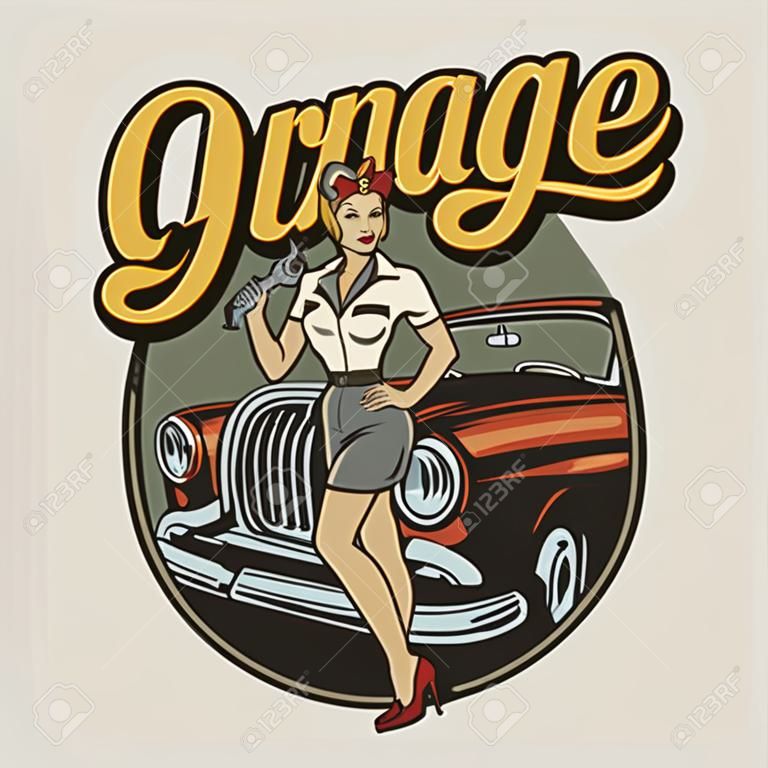 Etiqueta de servicio de reparación de automóviles antiguos con pin up mujer sosteniendo una llave y de pie cerca del automóvil aislado ilustración vectorial