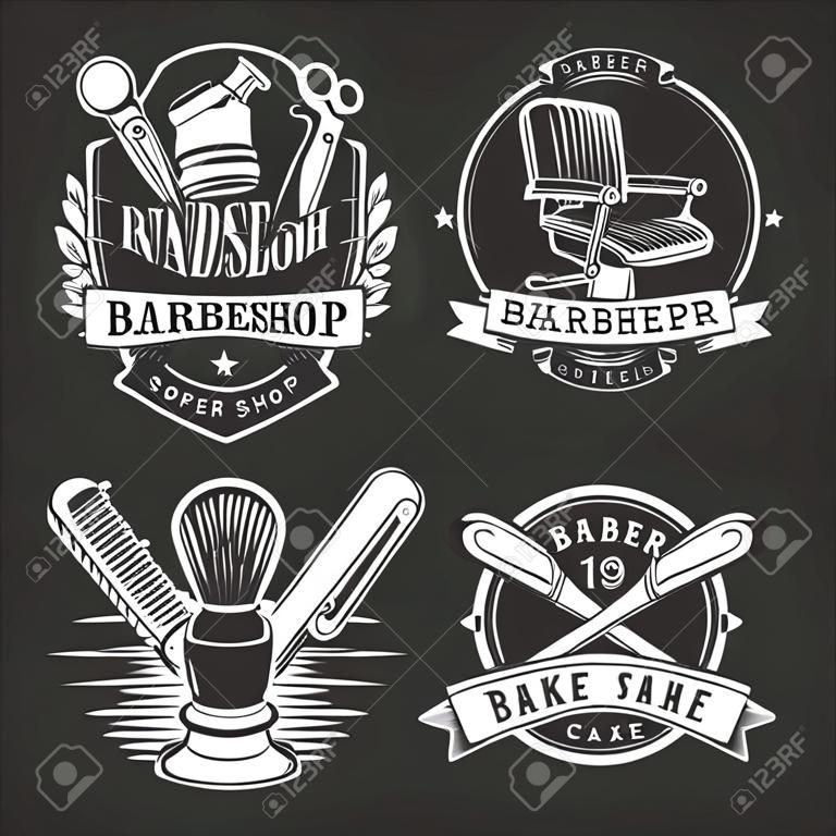 Insignes de barbier vintage avec accessoires de barbier chaise confortable mains masculines tenant des rasoirs illustration vectorielle isolée