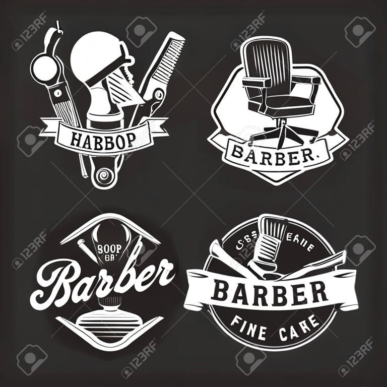 Vintage barbershop badges with barber accessories comfortable chair male hands holding razors isolated vector illustration
