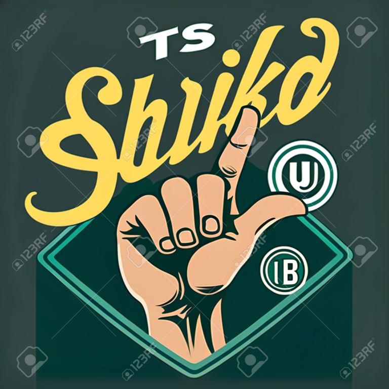 Emblema colorido do clube de surfe com gesto de mão shaka surfista no estilo vintage ilustração vetorial isolada