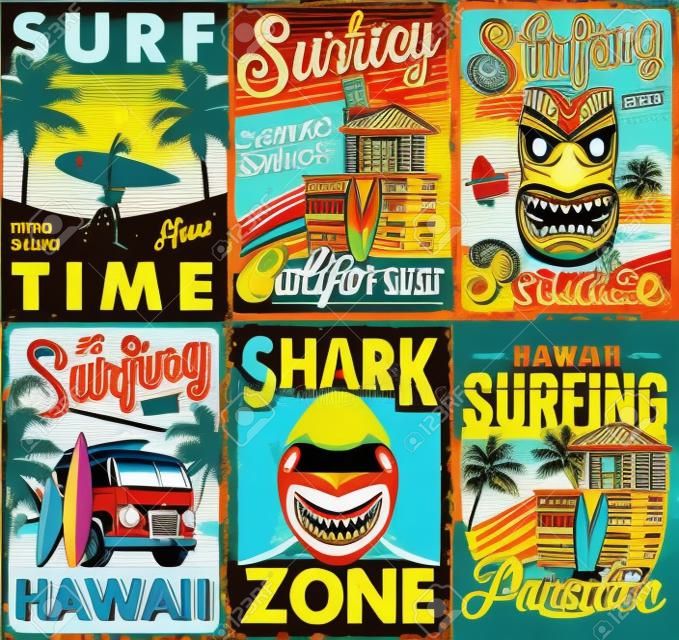 Posters de surf colorido vintage conjunto com ônibus de surf tribal havaiano tiki máscara tubarão casa de madeira homem segurando surfboards ilustração vetorial