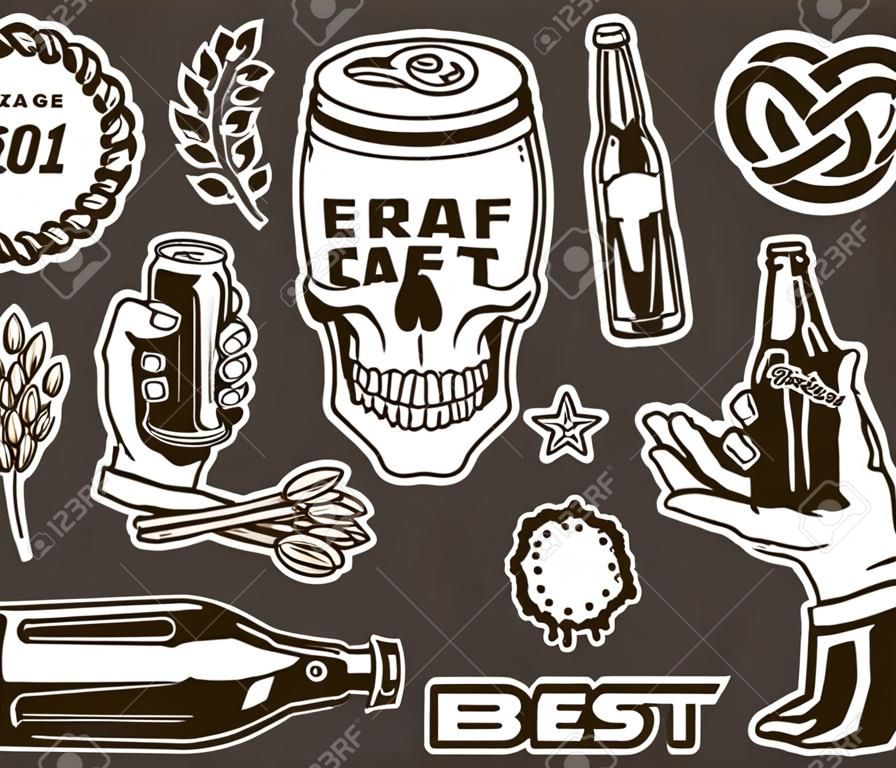 Vintage brewing monochrome elements collection with beer can shaped skull cap wheat ear pretzel mug skeleton and male hands holding bottle and can isolated vector illustration