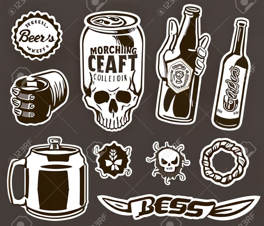 Vintage brewing monochrome elements collection with beer can shaped skull cap wheat ear pretzel mug skeleton and male hands holding bottle and can isolated vector illustration