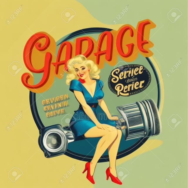 Vintage kolorowy serwis naprawczy garażu z pinup atrakcyjną kobietą siedzącą na ilustracji wektorowych tłoka silnika na białym tle