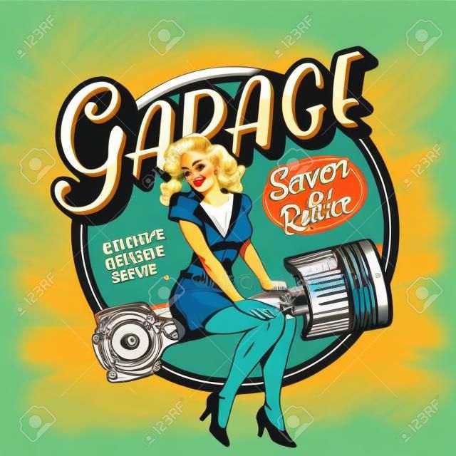 Service de réparation de garage coloré vintage avec une jolie femme pin-up assise sur une illustration vectorielle isolée du piston du moteur