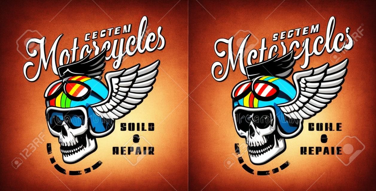 Kolorowy emblemat usługi naprawy motocykli vintage z czaszką motocyklisty w skrzydlatym kasku i goglami na białym tle ilustracji wektorowych