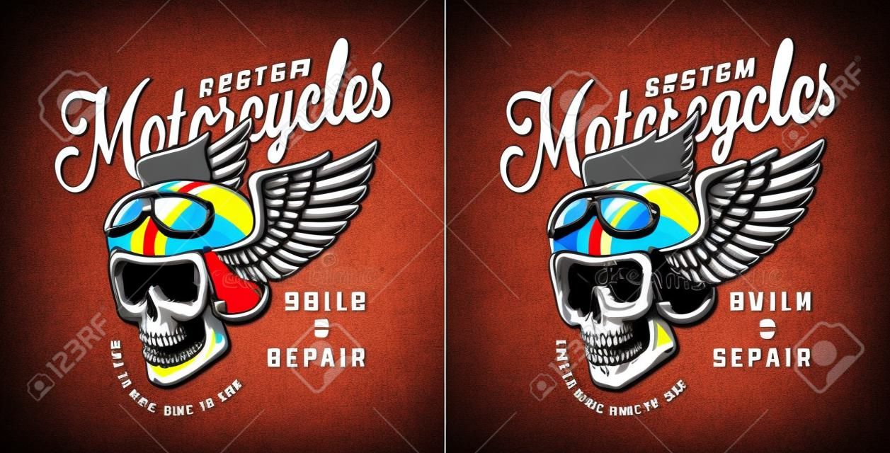 Kolorowy emblemat usługi naprawy motocykli vintage z czaszką motocyklisty w skrzydlatym kasku i goglami na białym tle ilustracji wektorowych