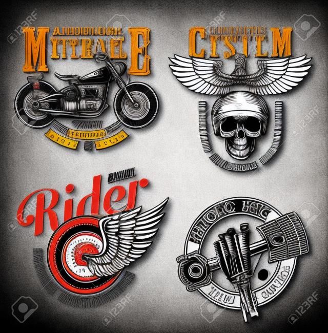 Étiquettes de moto colorées vintage avec crâne de motocycliste aigle chopper en casque roue ailée squelette main tenant le piston du moteur isolé illustration vectorielle