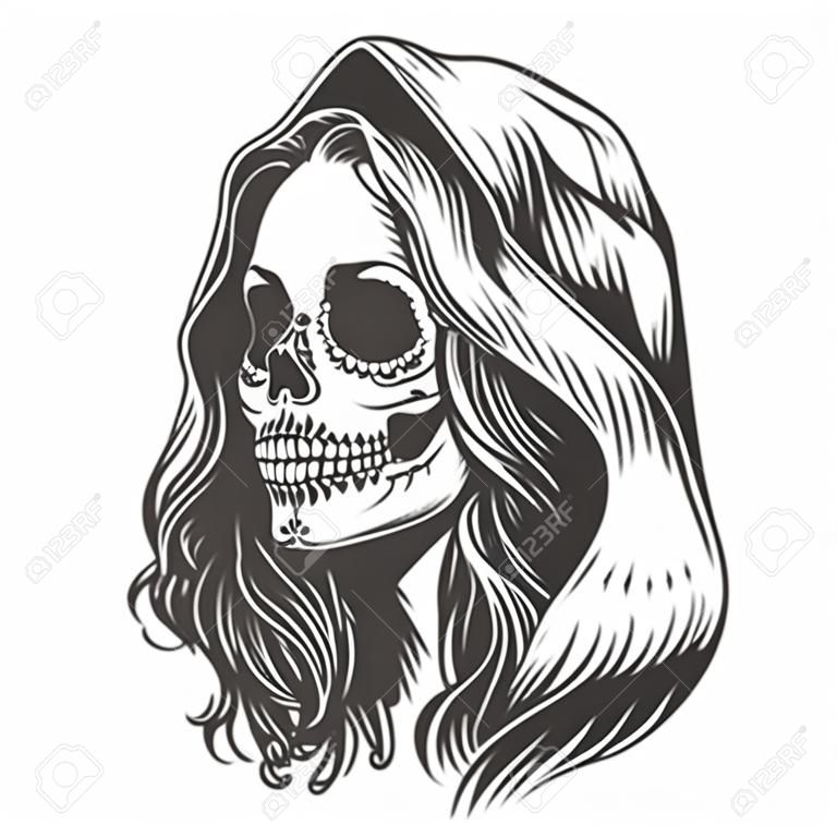 Mexican Dia De Los Muertos concept with dead girl in hood in vintage style isolated vector illustration