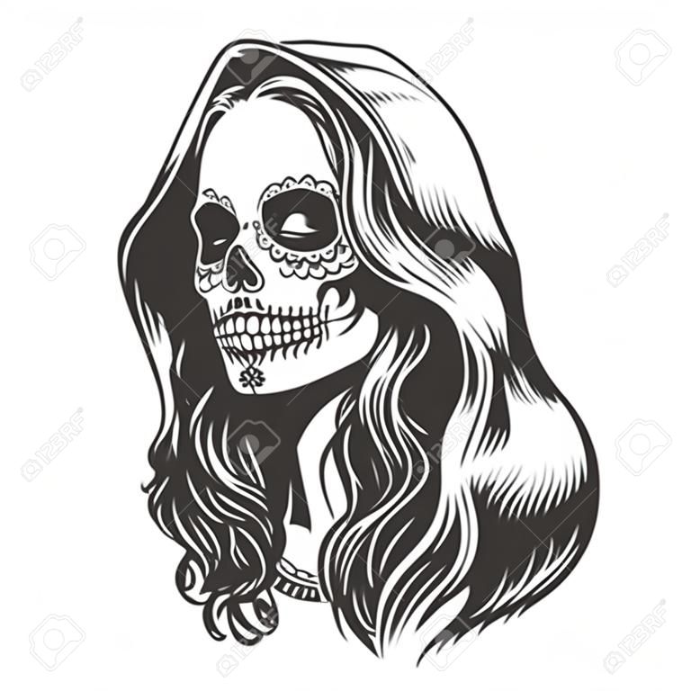 Mexican Dia De Los Muertos concept with dead girl in hood in vintage style isolated vector illustration