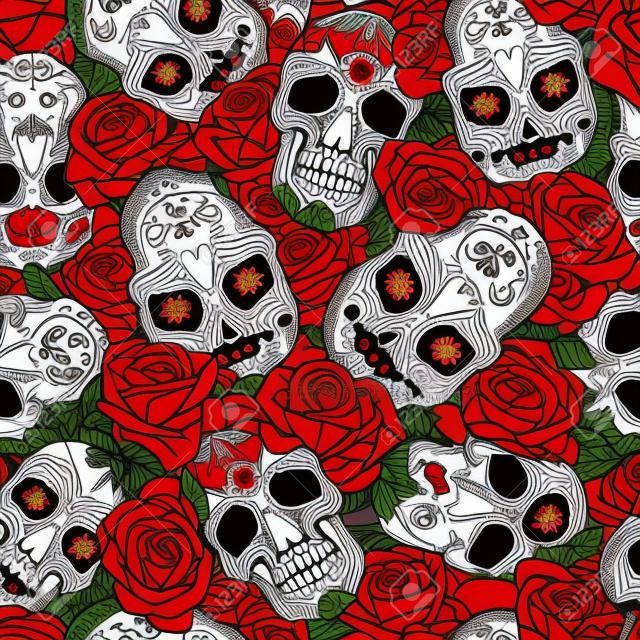 Vintage Day of Dead seamless pattern with sugar skulls and red roses vector illustration