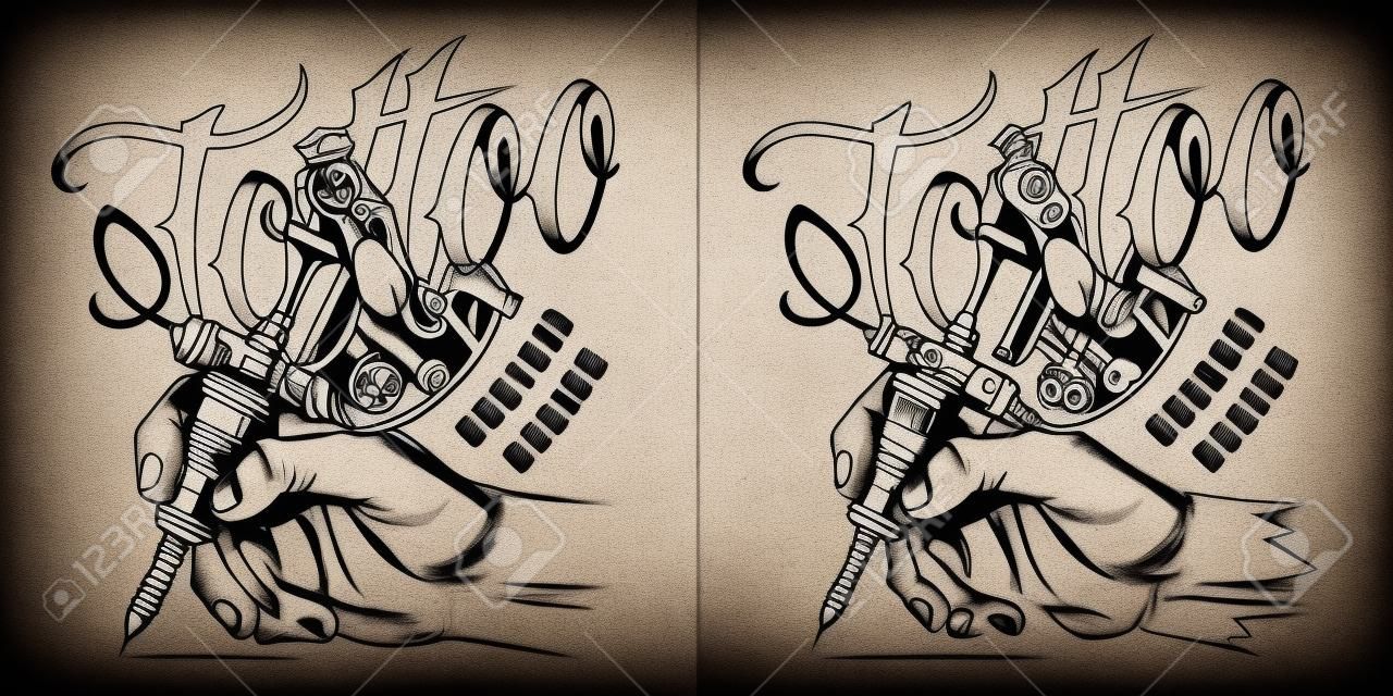 Stampa monocromatica dello studio del tatuaggio con la macchina del tatuaggio della tenuta della mano del tatuatore nell'illustrazione di vettore isolata stile vintage