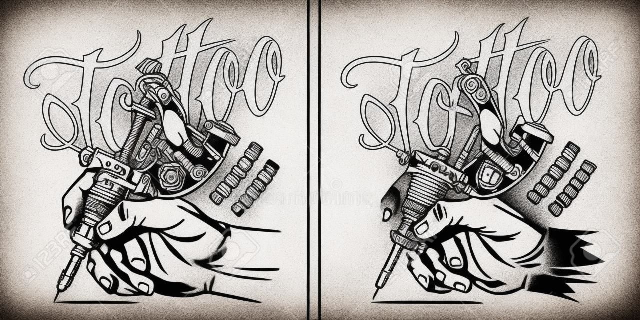 Stampa monocromatica dello studio del tatuaggio con la macchina del tatuaggio della tenuta della mano del tatuatore nell'illustrazione di vettore isolata stile vintage