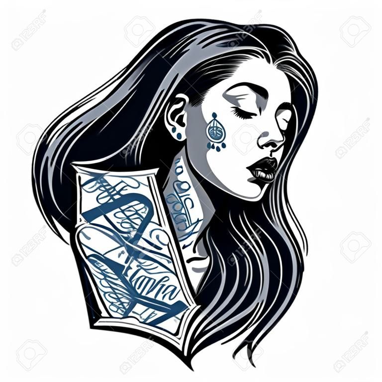 Vintage beautiful Chicano girl with tattoos on her face and neck isolated vector illustration